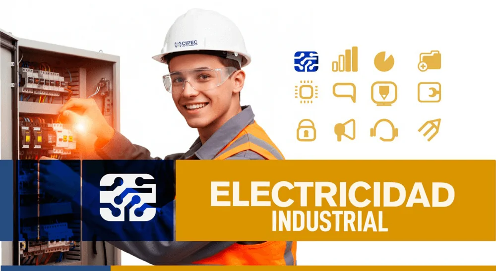 Técnico en electricidad industrial realizando mantenimiento en tablero eléctrico