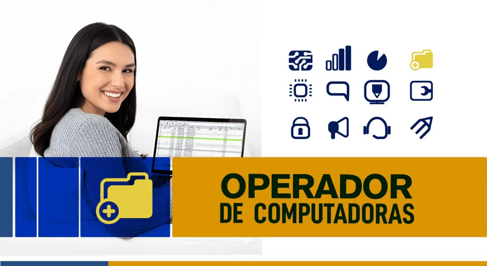 Operadora de computadoras utilizando software de oficina y hojas de cálculo